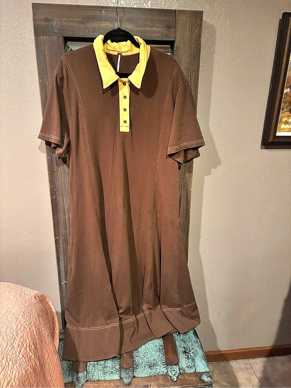 Free People Chandler Polo Midi Dress Brown & Yellow Size Medium